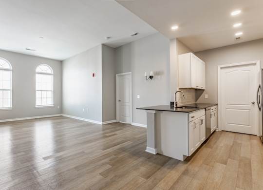 A kitchen with a countertop and cabinets is shown.