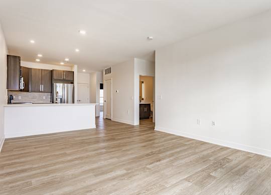 A spacious kitchen with wooden floors and white walls at Upper Vue Flats, Dublin