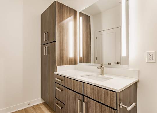 A bathroom with a sink, mirror, and wooden cabinets at Upper Vue Flats, Dublin