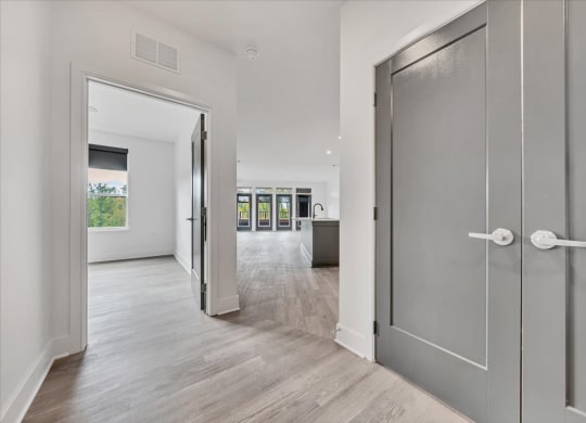 a gray door leading to a living room and a kitchen