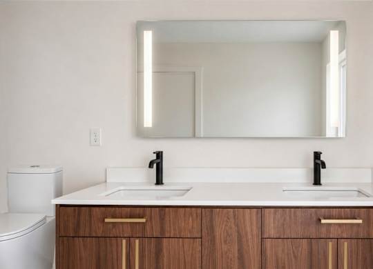 A bathroom with a white countertop and a mirror above it.