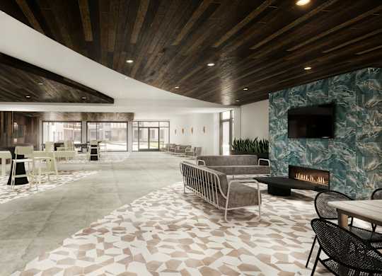 Modern clubhouse lounge with fireplace at 3 Notch'd Flats Apartments, Henrico, 23233