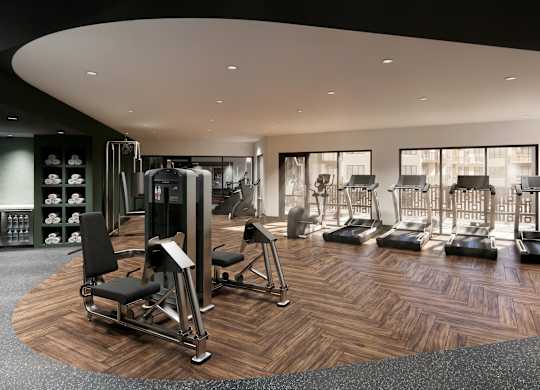 Fitness center with cardio and strength equipment at 3 Notch'd Flats Apartments, Virginia, 23233