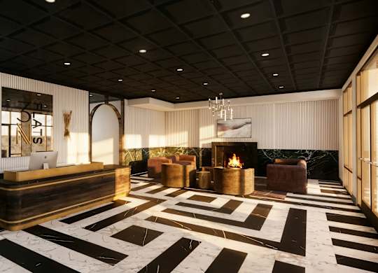 Elegant lobby with reception desk and fireplace at 3 Notch'd Flats Apartments, Henrico, VA 23233