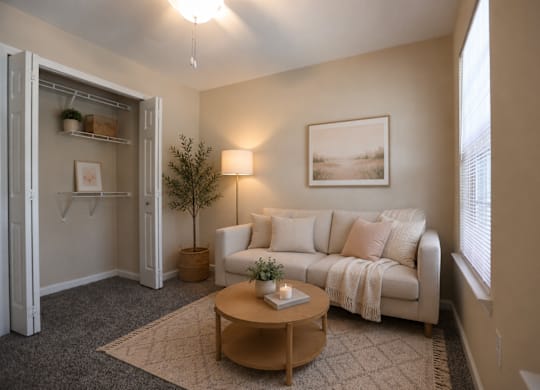 A living room with a white couch, a coffee table, and a small tree.