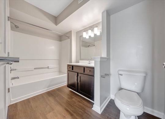 a bathroom with a toilet sink and bathtub at Sunscape Apartments, Roanoke