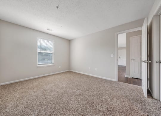 a bedroom with carpeting and a door leading to a hallway at Sunscape Apartments, Roanoke, VA
