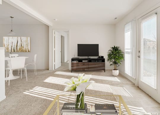Buttercup Layout Model Living Room with Dining Area at The Harbours Apartments, Michigan 48038