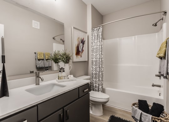 an open bathroom with a shower sink and toilet at Alexandria of Carmel Apartments, Indiana, 46032