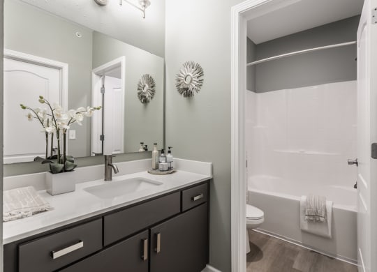 a bathroom with a sink and a shower and a mirror  at Alexandria of Carmel Apartments, Carmel, IN, 46032