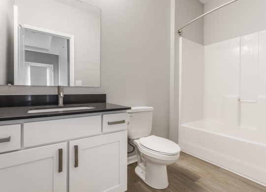 a bathroom with a toilet and a sink and a shower at Alexandria of Carmel Apartments, Carmel, IN