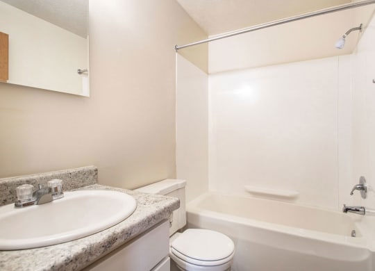 a renovated bathroom with a vanity and a bath tub at Apple Ridge Apartments, Walker, MI, 49534