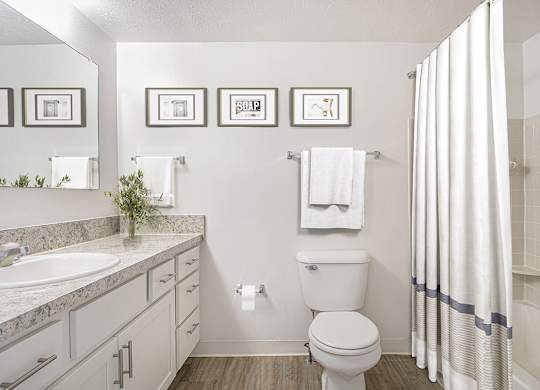 A bathroom with a toilet, sink, and shower at Autumn Lakes Apartments and Townhomes, Mishawaka, 46544