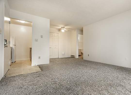 A spacious, empty room with a carpeted floor and white walls