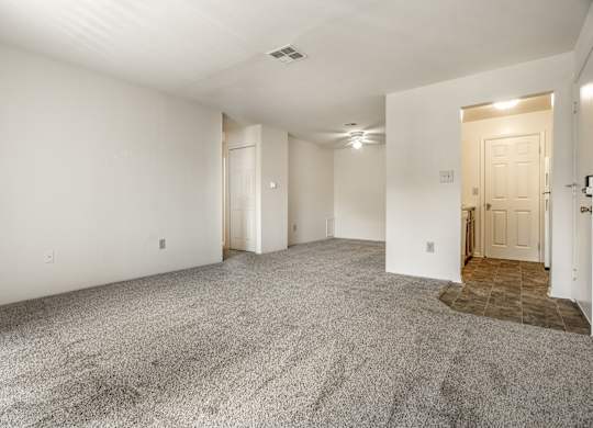 A spacious room with a carpeted floor and a door on the right side