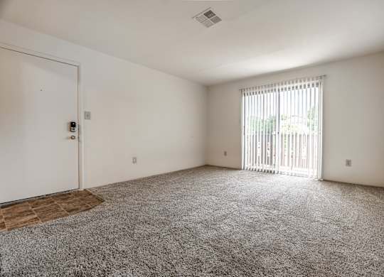 A room with a carpeted floor and a sliding glass door