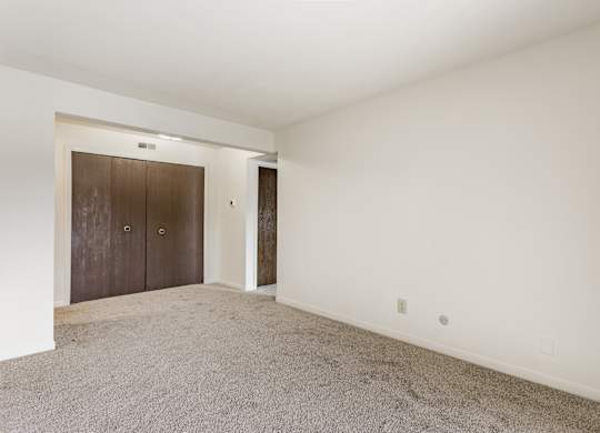 A room with a carpeted floor and a brown door
