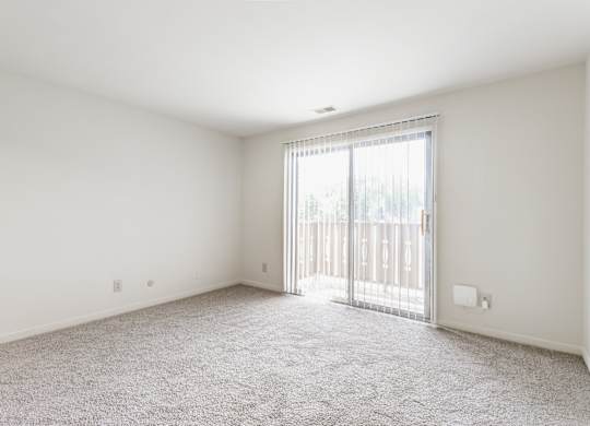 A room with a carpeted floor and a sliding glass door