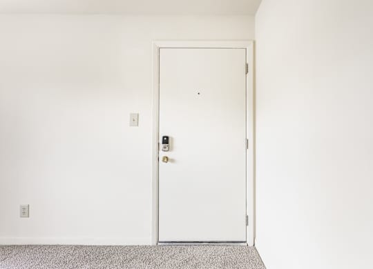 A white door with a handle and a keypad is in a room with a grey carpet