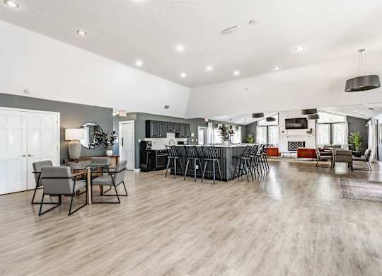 A modern open-plan living and dining area with a kitchen in the background
