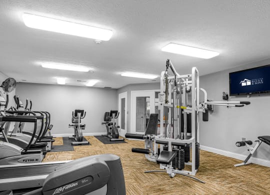 our gym is equipped with state of the art equipment including cardio machines and weights at Bay Pointe Apartments, Lafayette, IN, 47909