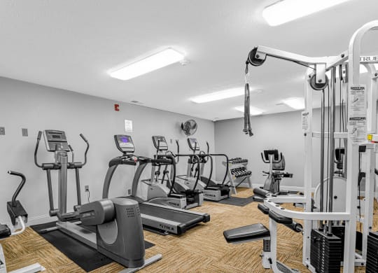 our state of the art fitness room includes cardio equipment and weights at Bay Pointe Apartments in Indiana 47909