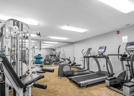 a gym with various cardio equipment and weights on the floor at Bay Pointe Apartments, Lafayette, IN, 47909