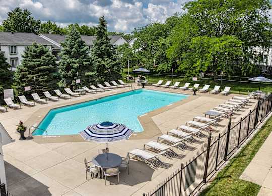 A pool surrounded by chairs and trees.