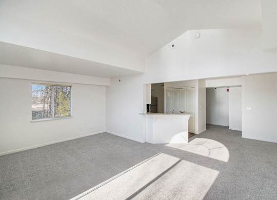 A spacious living and dining room with a grey carpet  and cathedral ceiling at Black Sand Apartment Homes in Lincoln, NE