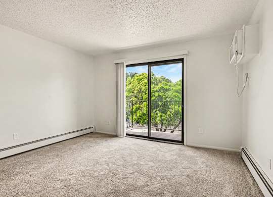 A room with a carpet floor and a sliding glass door leading to a lush green outdoor area.