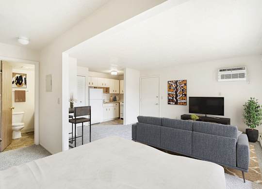 A living room and bedroom area with a grey couch at Brookside Apartments, Springfield