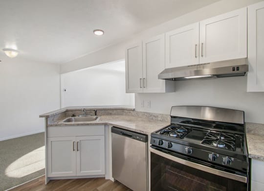 renovated kitchen with white cabinets and stainless steel appliances at Canal 2 Apartments, Lansing, Michigan