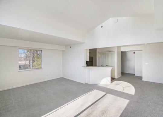 living room with cathedral ceiling and kitchen of an apartment at Canal 2 Apartments, Lansing, Michigan