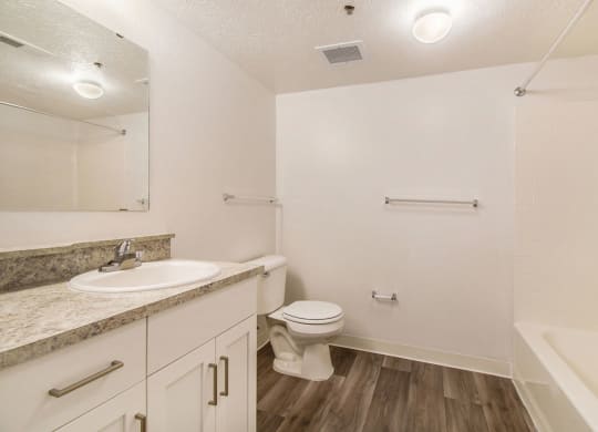 a renovated bathroom with hard surface floors and white cabinetry at Canal 2 Apartments, Lansing, Michigan