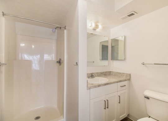 an upgraded bathroom with white cabinetry and a shower at Canal 2 Apartments, Lansing, Michigan