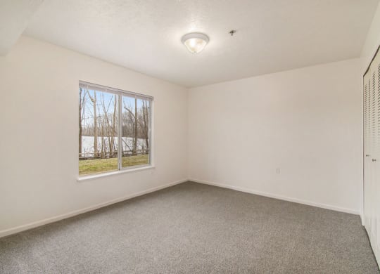 Bedroom with a large window and carpet at Canal 2 Apartments, Lansing, Michigan