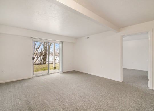 living room with a slider to a patio overlooking the landscaped grounds at Canal 2 Apartments in Lansing, MI