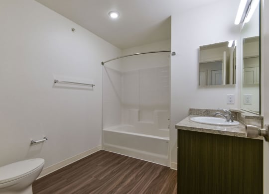 a bathroom with a toilet sink and showerat Chase Creek Apartment Homes, Alabama, 35811