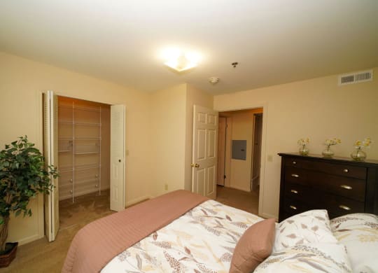 a bedroom with a walk-in closet with wardrobe organizers at Colonial Pointe at Fairview Apartments, Bellevue, 68123