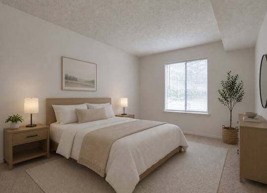 A bedroom with a large bed, nightstands, and a plant.