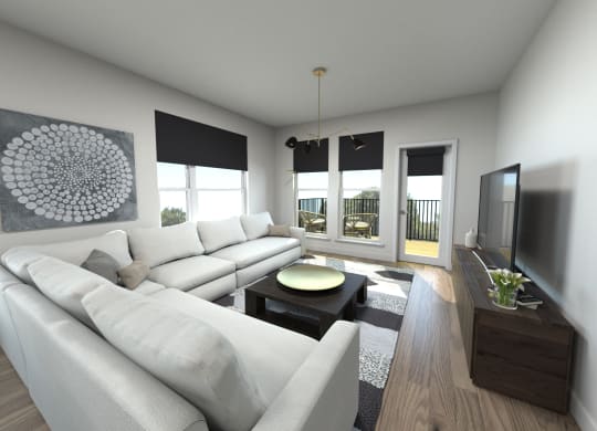 modern living room with large white sectional couch and a coffee table with view of balcony at Luxe 360 in Midlothian, Midlothian
