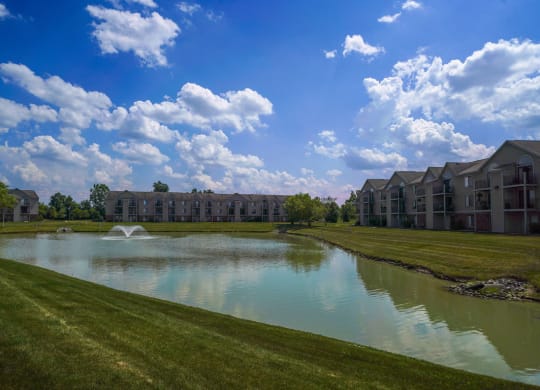 Pond with Fountain at Dupont Lakes Apartments, Fort Wayne, IN, 46825