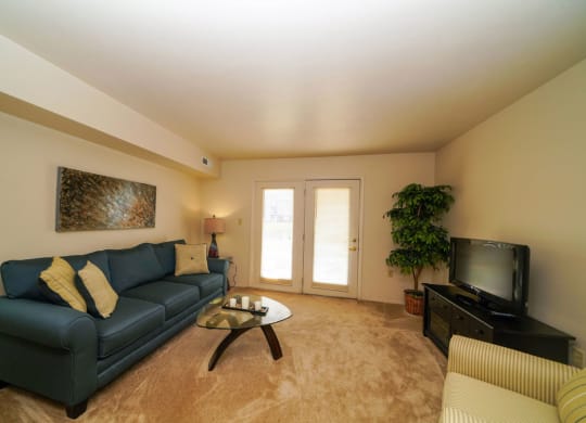 Large living room with access to a private patio at Dupont Lakes Apartments, Fort Wayne, IN