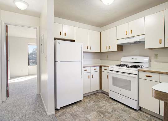 A two bedroom kitchen with white appliances at Dupont Lakes Apartments, Fort Wayne