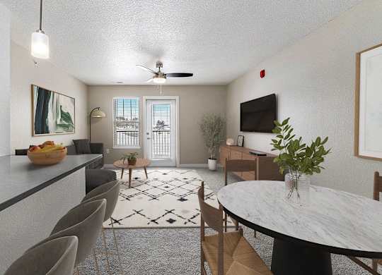 A modern kitchen with a dining table and chairs at Eagle Ridge Apartment Homes, Traverse City, MI 49685