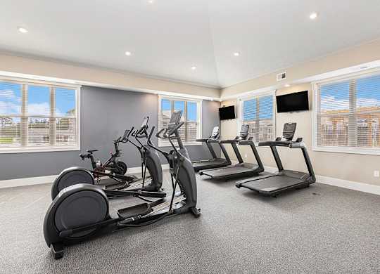 treadmills and TVs in fitness center at Eagle Ridge Apartment Homes,  Michigan 49685