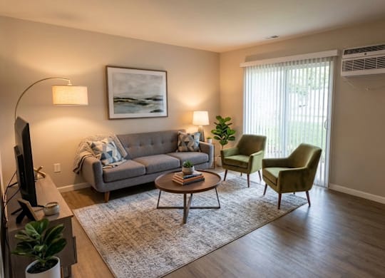 A living room with a grey couch, two chairs, a coffee table, and a television.
