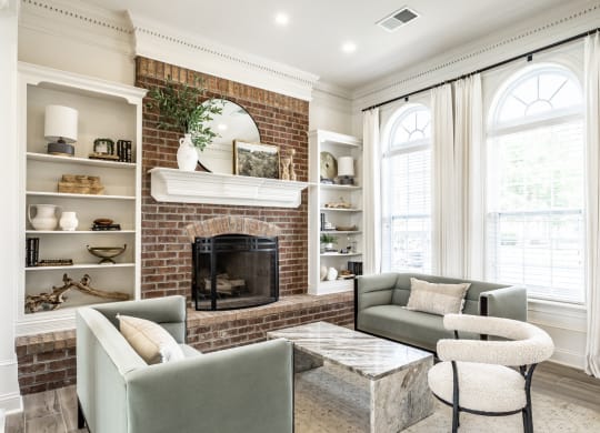 Upscale furnishings and fireplace in clubhouse at Alexandria of Carmel Apartments, Carmel, IN