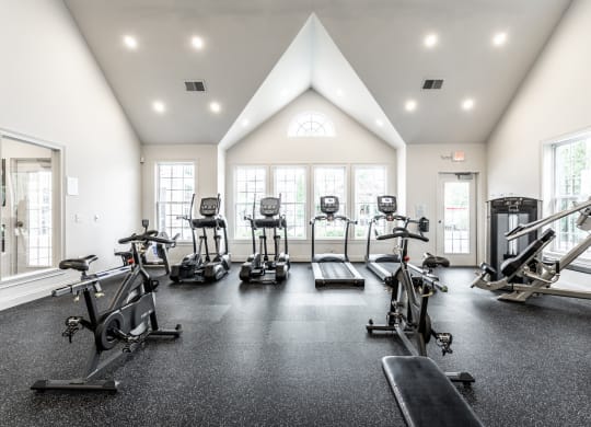 Fitness center with windows at Alexandria of Carmel Apartments, Indiana, 46032