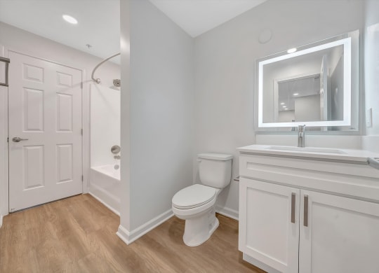 a bathroom with a toilet sink and shower  at The Vinings Apartments, Richmond, 23234